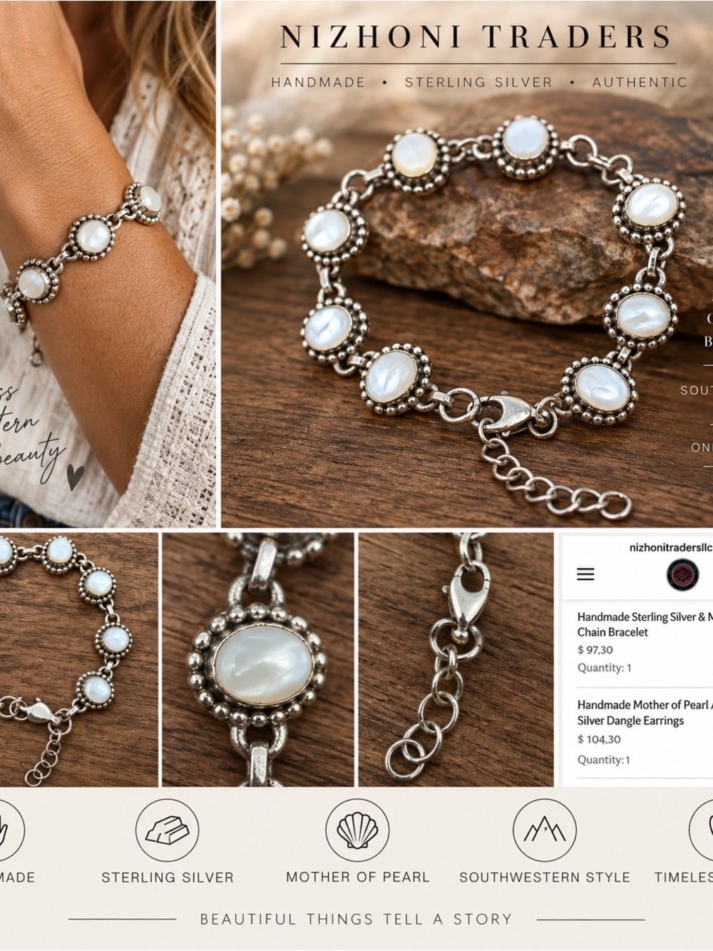 Nizhoni Traders Sterling Silver Mother of Pearl Chain Bracelet